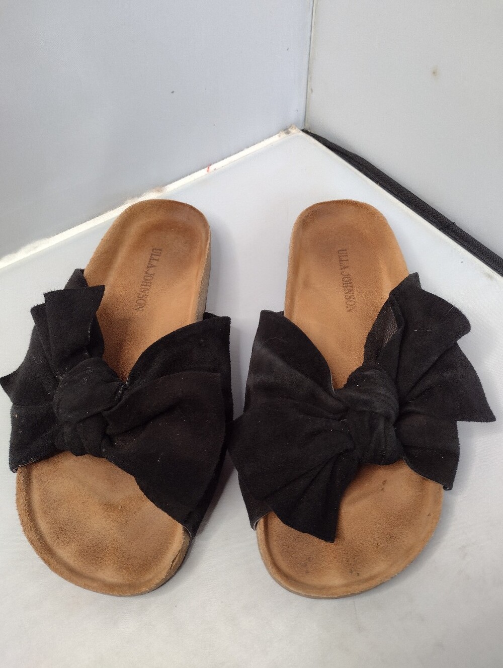 Ulla Johnson Ingrid Slide Sandals 8 Black Suede Bow Cork A5